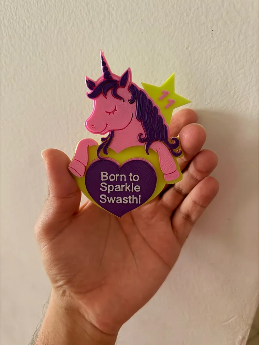 Our printed Unicorn fridge magnet with example personalisation
