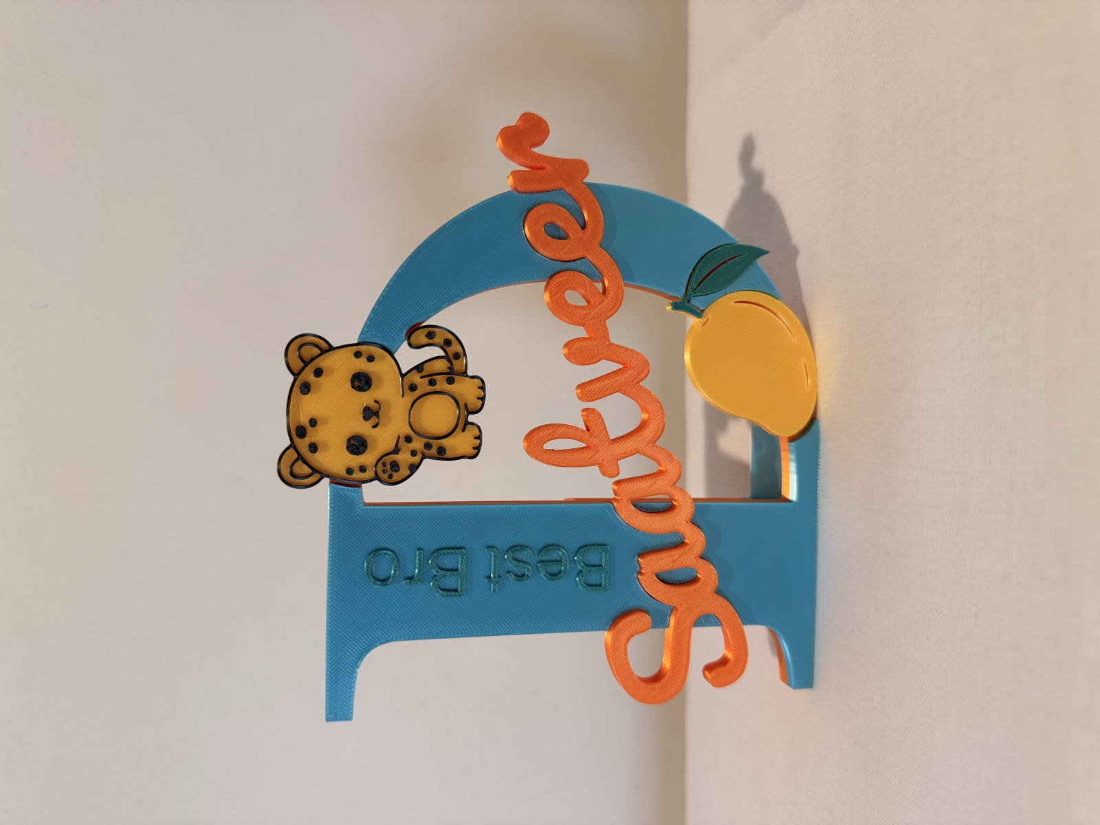 Colourful Satveer name sculpture with a blue capital, leopard and mango charms