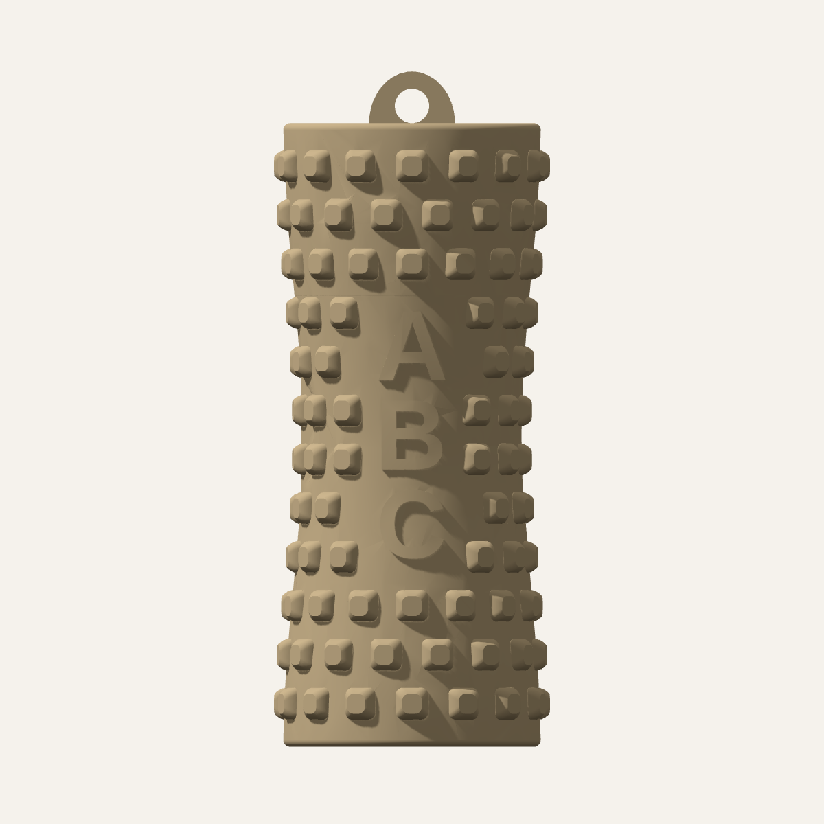 Palm Pause model render with a shallow waist, rounded nubs, centered keyring loop and vertically embossed ABC initials