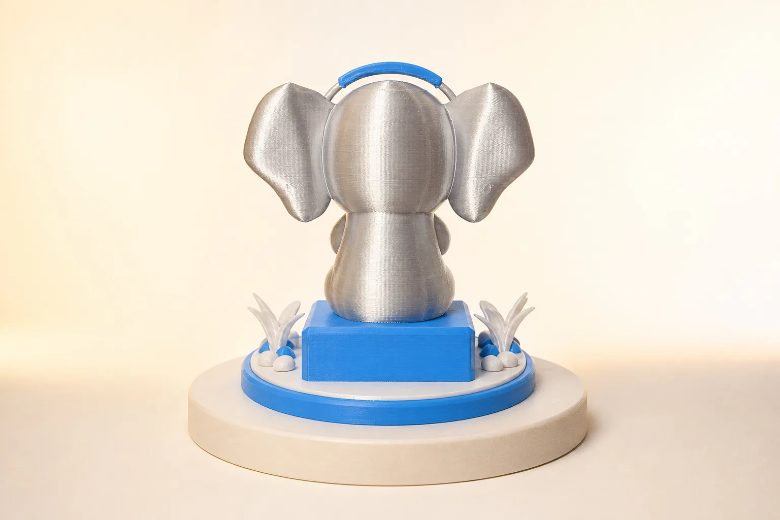 Playful silver and blue gaming elephant personalised keepsake, rear view