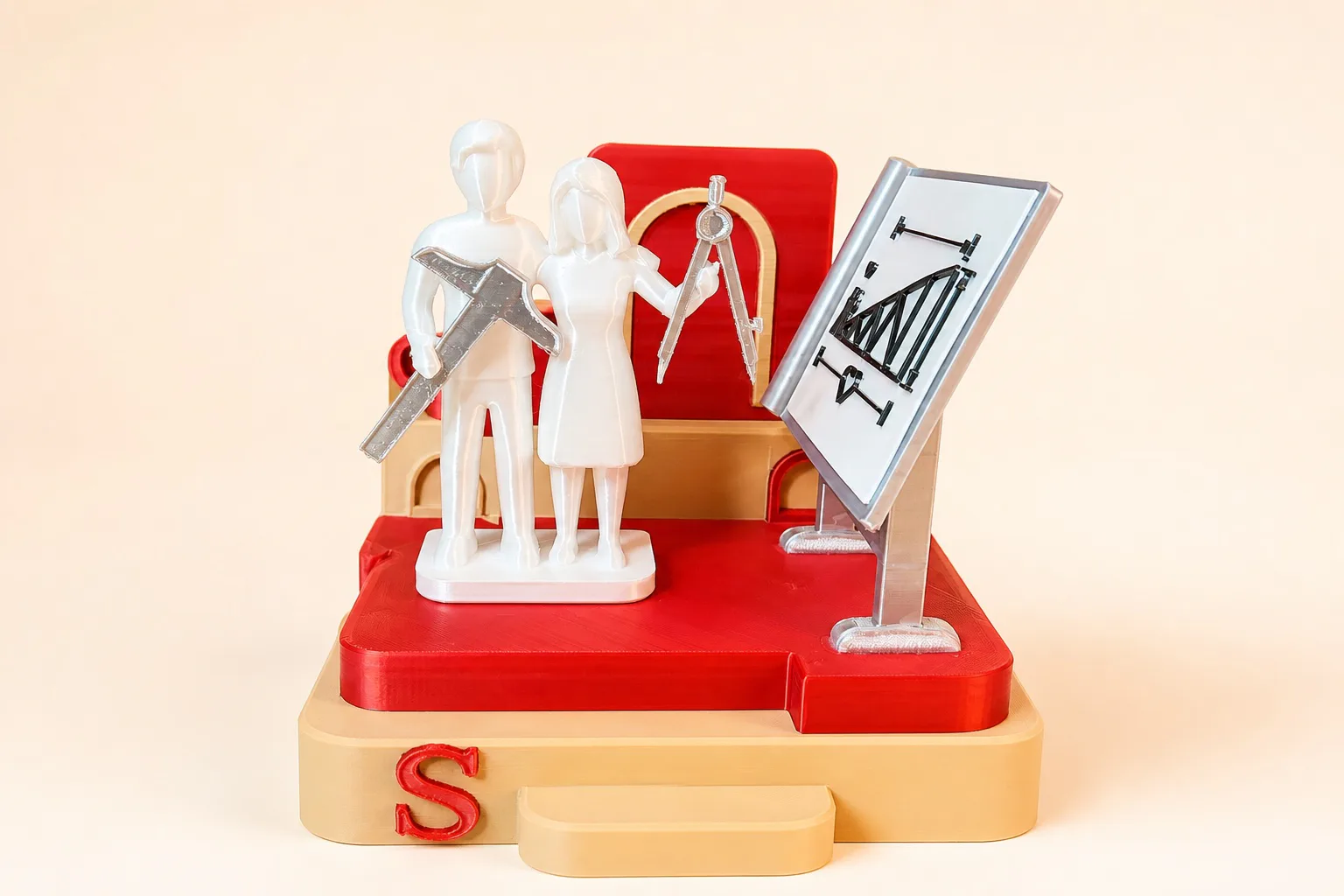 Romantic personalised 3D-printed keepsake with two symbolic figures and architectural details, front view