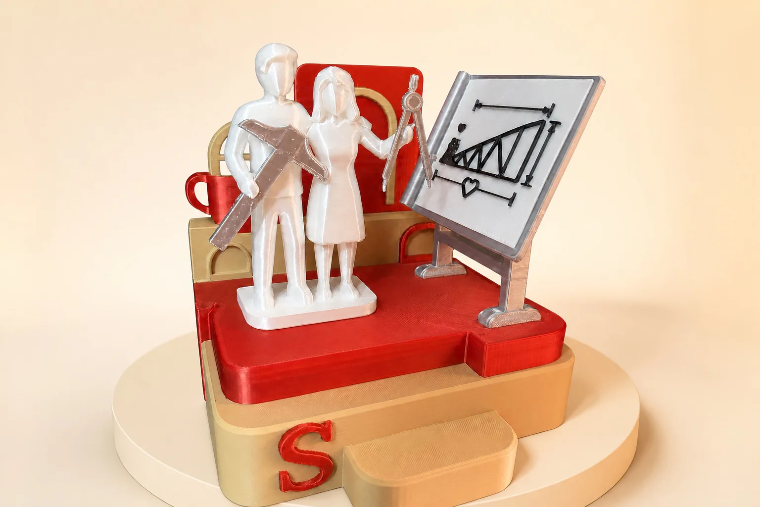 Romantic red and cream personalised 3D-printed desk keepsake, front three-quarter view